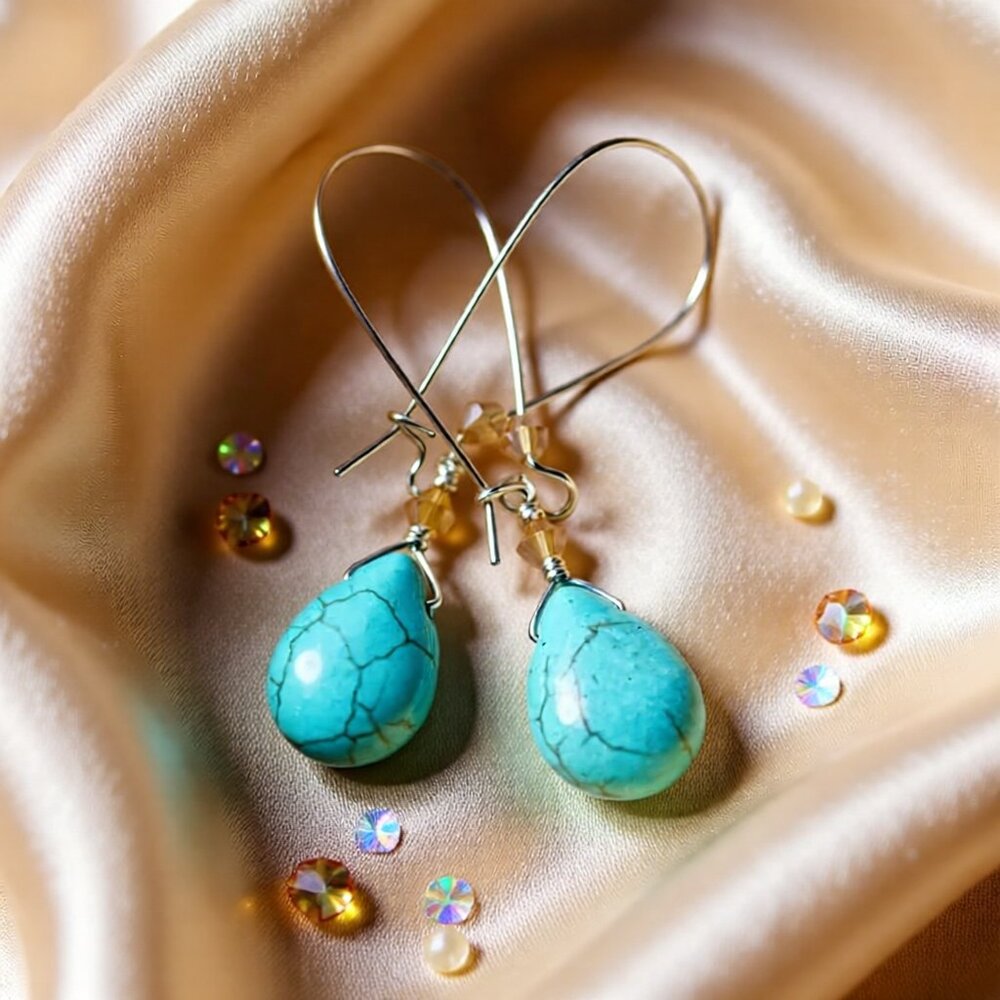 Handmade! Aqua Howlite & Crystal Dangle Earrings • Boho Beachy Spring Vibes